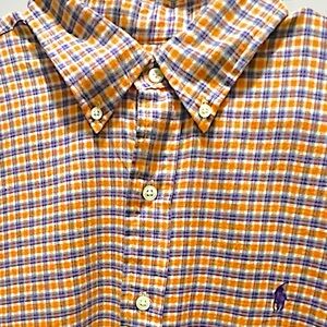 Ralph Lauren Blue Label Men's Orange and Navy Checkered Button Down Shirt